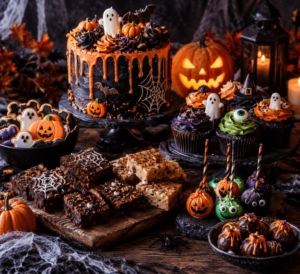 Spooky Halloween cakes and bakes featuring a black and orange drip cake, ghost cupcakes, Halloween brownies, decorated cookies and cake pops with pumpkins and spiderweb designs.